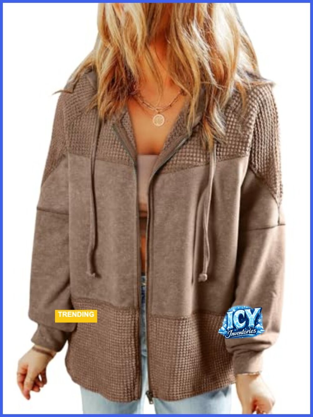Waffle Knit Zip Up Hoodie Drawstring Oversized Lightweight Jacket